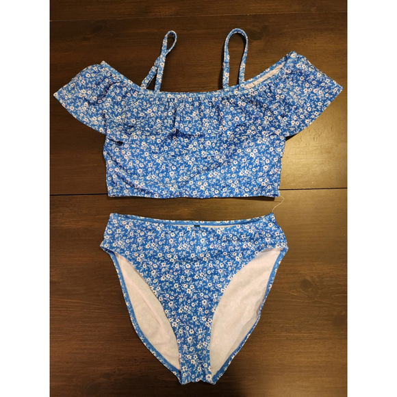 Tahari 2 piece Set Swimsuit Bathing Suit Off Shoulder MEDIUM Blue White Floral - Picture 4 of 16